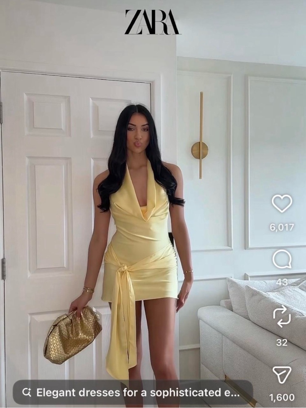 ZARA Pale Yellow Halter Satin Mini Dress with Side Tie